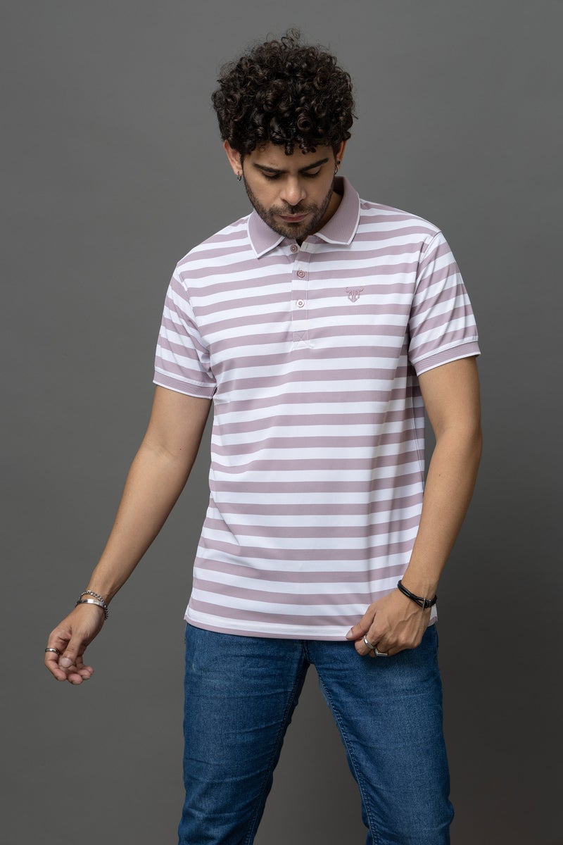 GO DEVIL Purple & White Striped Polo T-Shirt for Men - Image 1